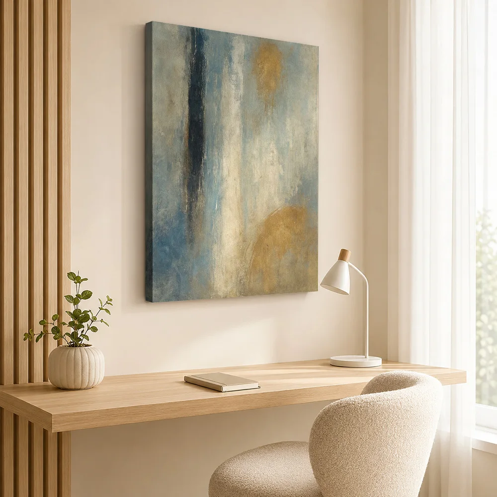 Blue And Gold Vertical Brushwork Canvas Print Customized Photo Abstract Wall Art For Loft Living Room, Interior Stylist Gift