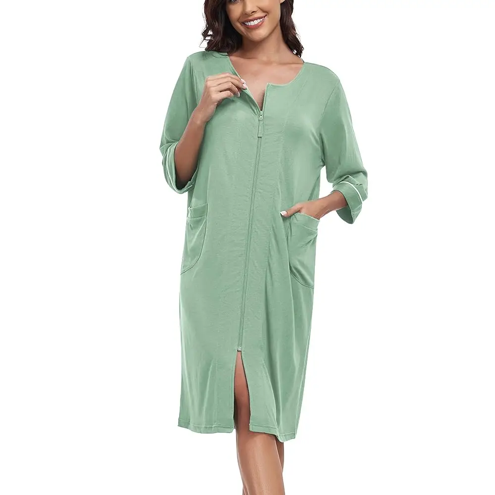 

Womens Zipper Robe 100% Cotton Housecoat Lightweight Knee Length Bathrobe 3/4 Sleeve Zip Front House Coat with Pocket