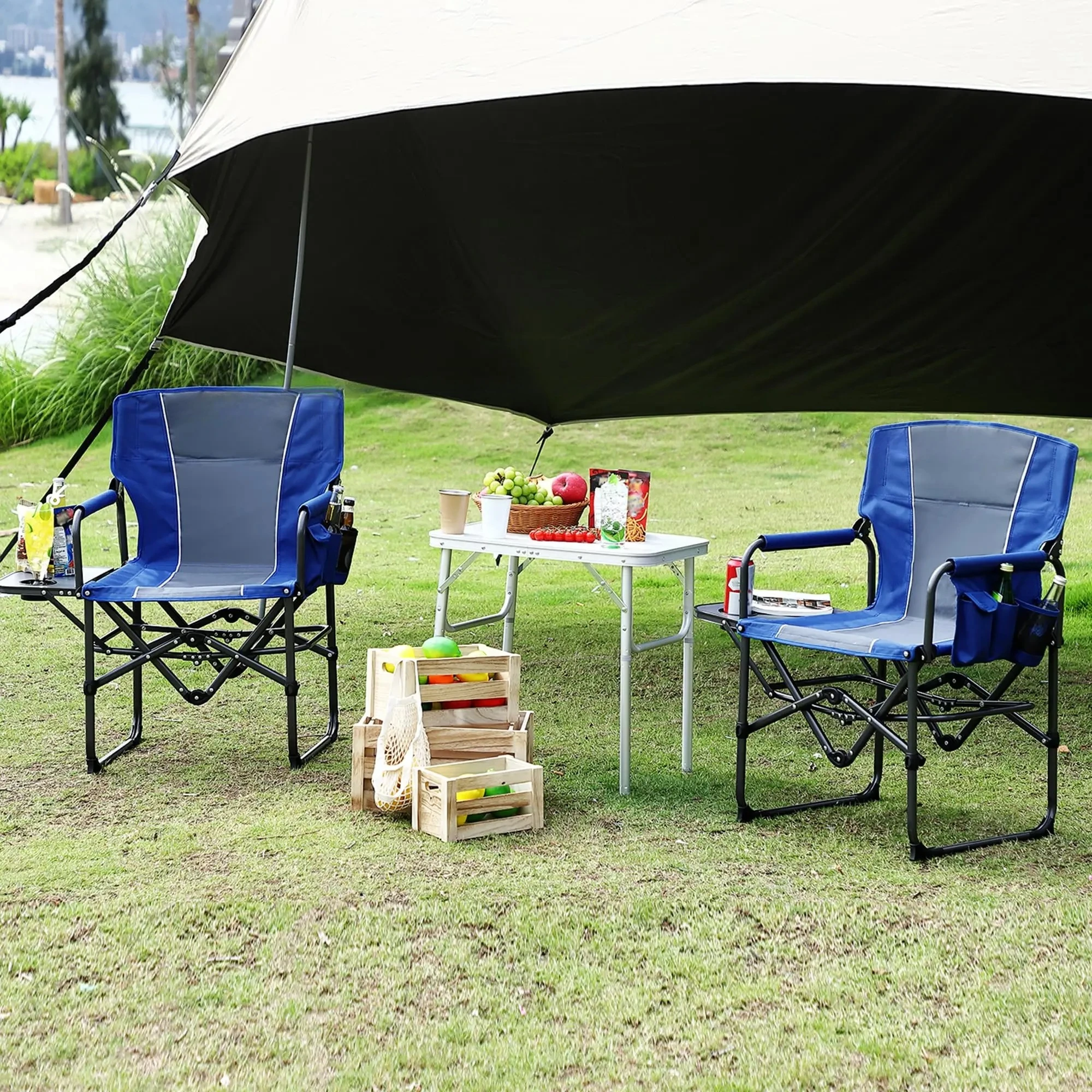 2PCS Oversized Camping Chairs For Adults, 400lbs Capacity Portable Folding Chair With Side Table For Sports,Picnic,Beach,Fishing