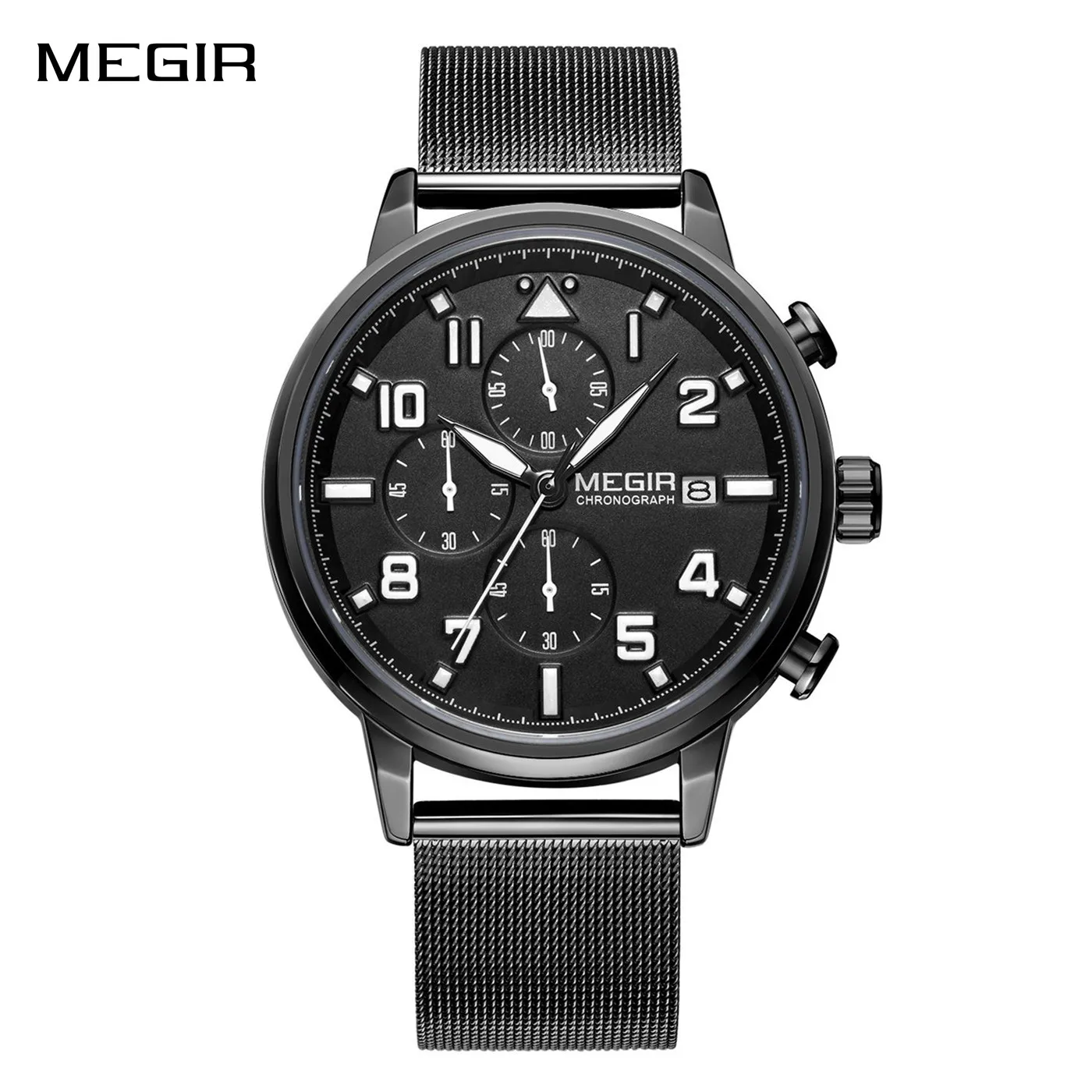 MEGIR Brand Chronograph Stainless Steel Bracelet Sport Men's Wristwatch Luxury Waterproof Luminous Quartz Watches Clock 24-hour