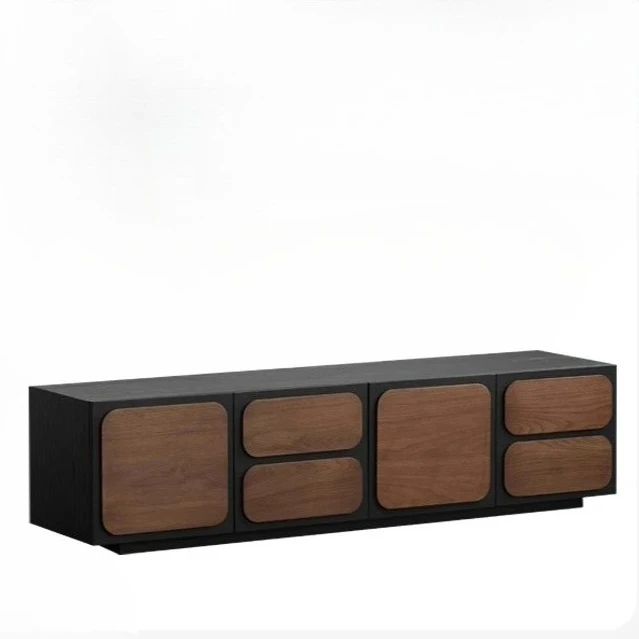 AAMedieval Style Sandy Wind Retro Solid Wood Black TV Cabinet Color Matching Oak Black Walnut Storage Light Luxury Side Cabinet
