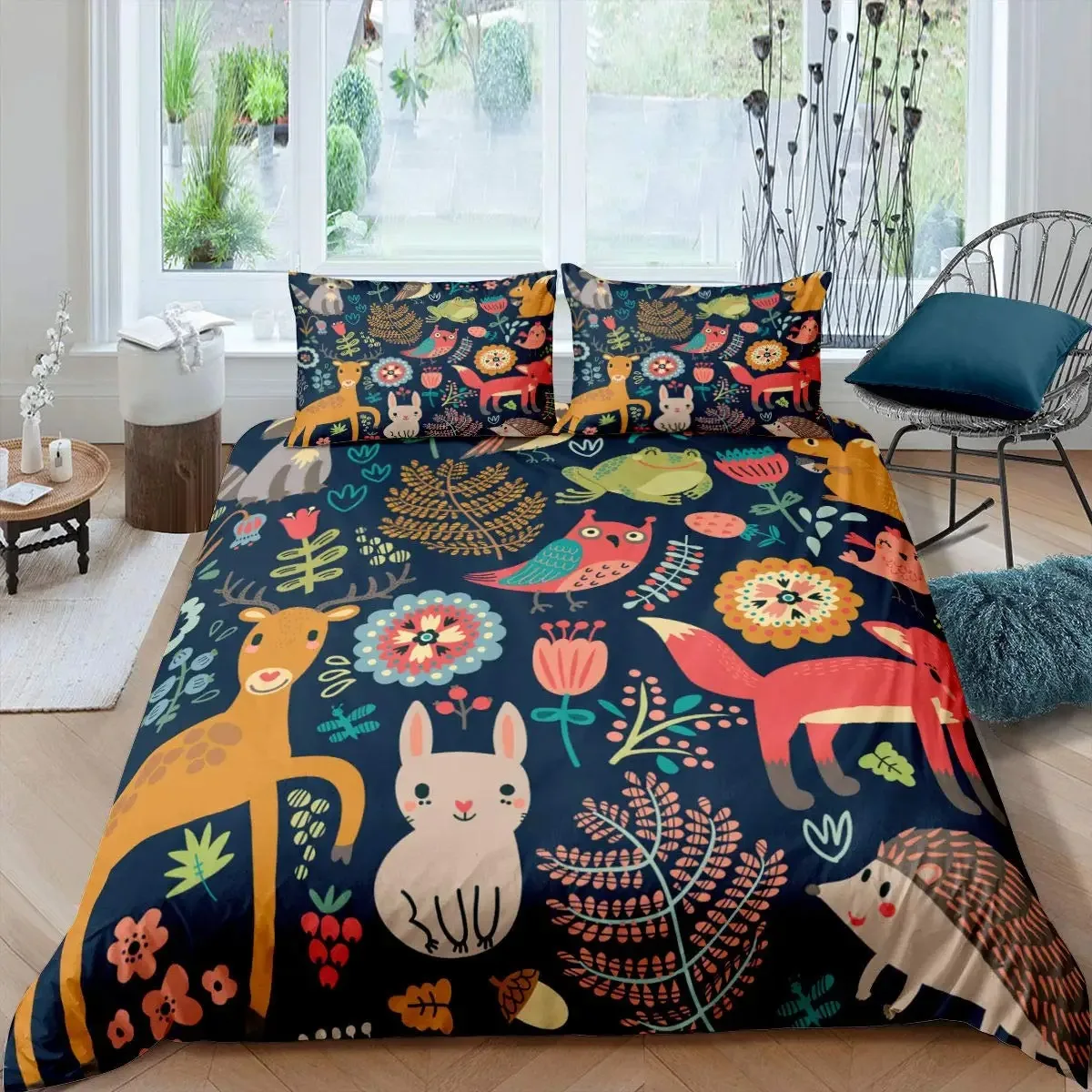 

Cute Forest Animals Theme Duvet Cover Sets King Size Fox Deer Rabbit Owl Hedgehog Flowers Comforter Set Bedding Cover Set