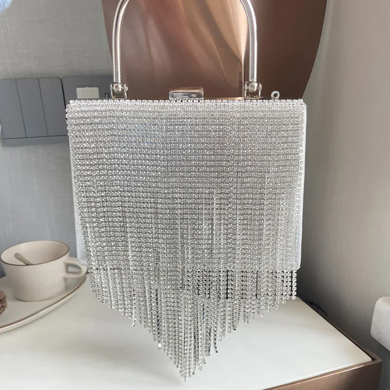 Blingbling Silver Evening Bag Women's Celebrity Diamond Tassel Handbag Nightclubs Parties Queen Luxury Handbag with Top-handle