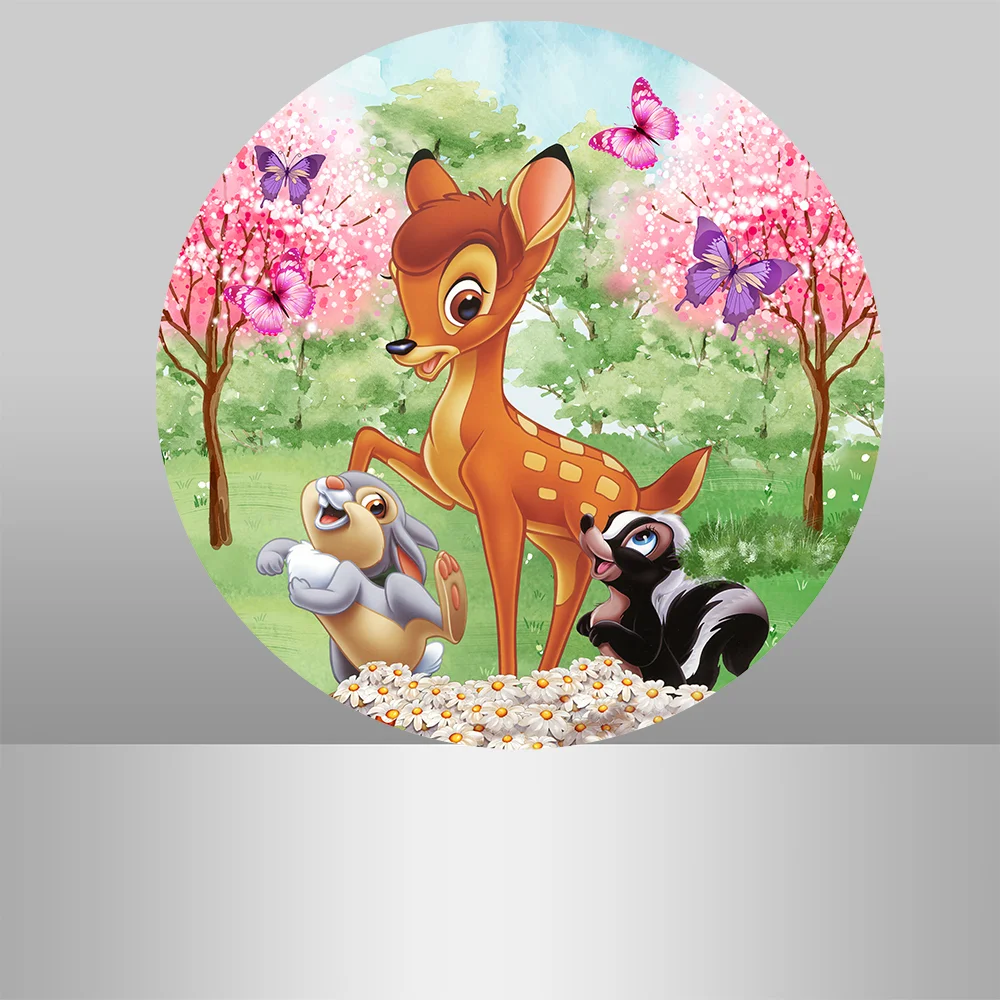 Fondo redondo de ciervo Bambi para niños, suministros de fiesta de 1er cumpleaños, animales, mariposas, bosque, fondo circular para Baby Shower