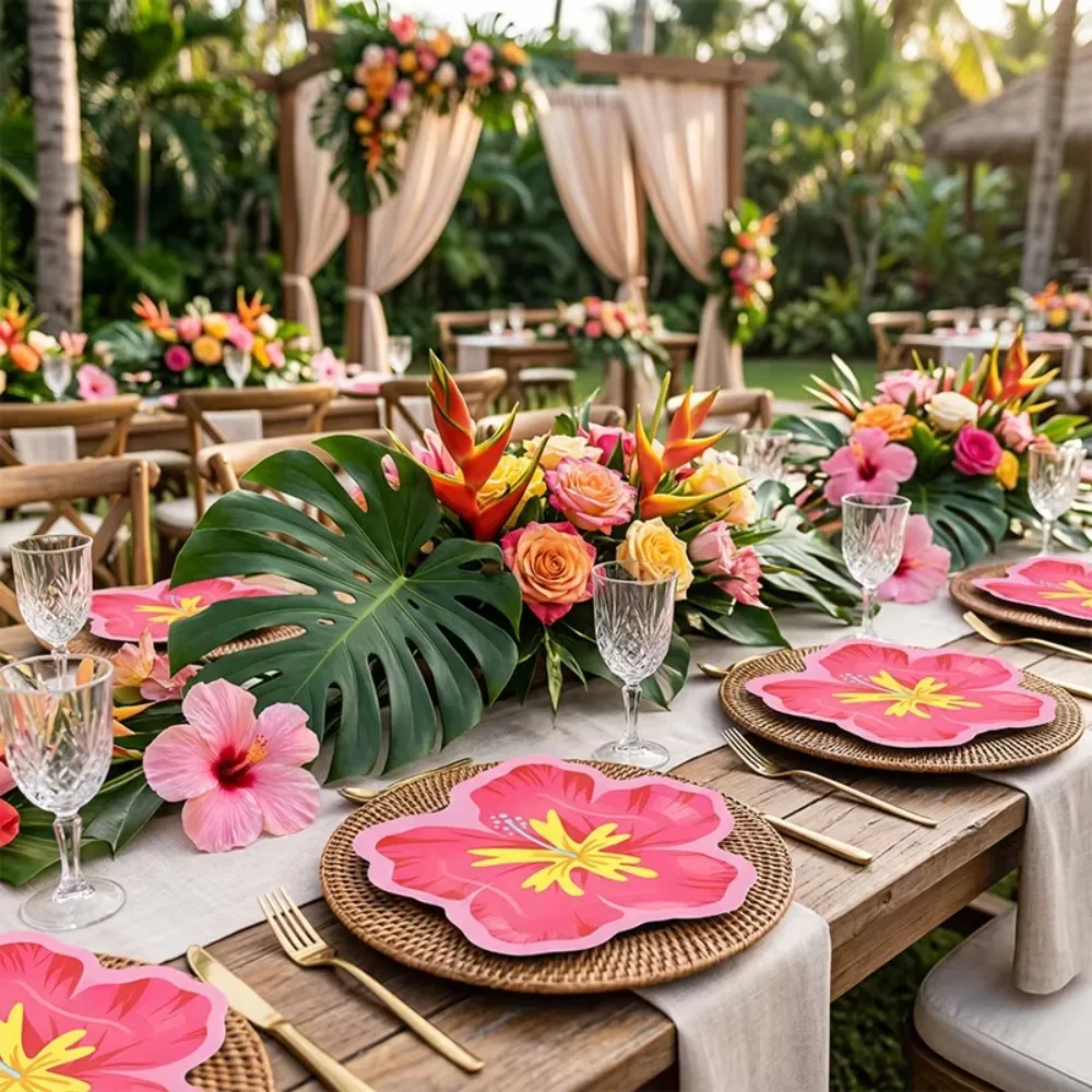 20PCS Paper Hibiscus Flower Shaped Plates Colorful Waterproof Disposable Party Plate Thickened Festive Party Tableware Outdoor