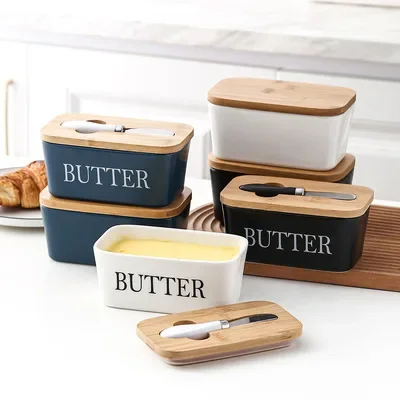 

Bamboo Lid Ceramic Butter Sealed Box with Wooden Lid Cheese Plate Storage Tray Snacks Fruit Plate Food Container Kitchen Tools