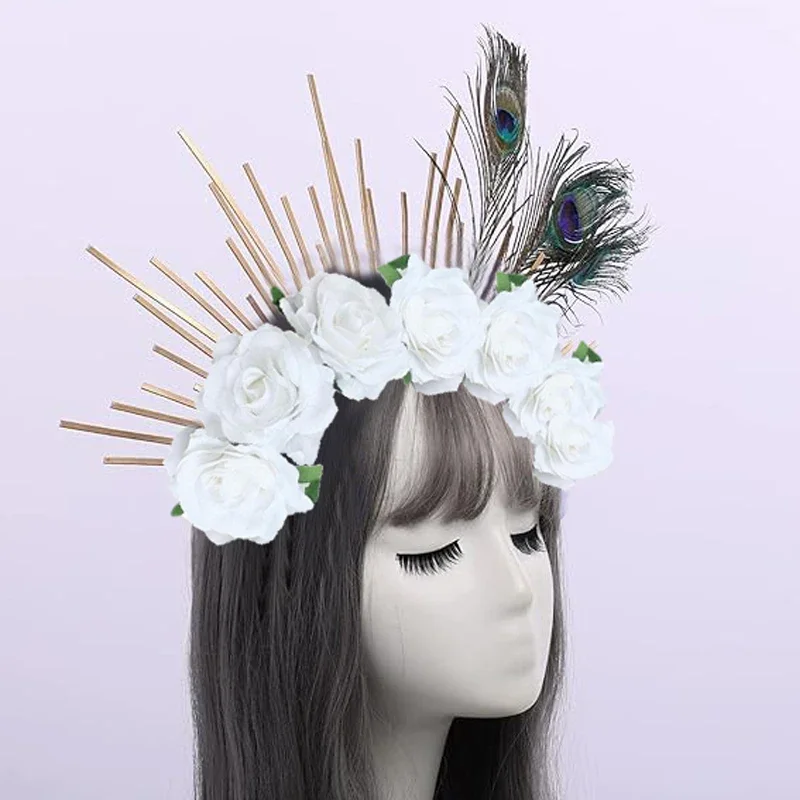 New Gold Spike Halo Crown Peacock Feathers Headpiece  Wedding Bride Hair Band Tiara