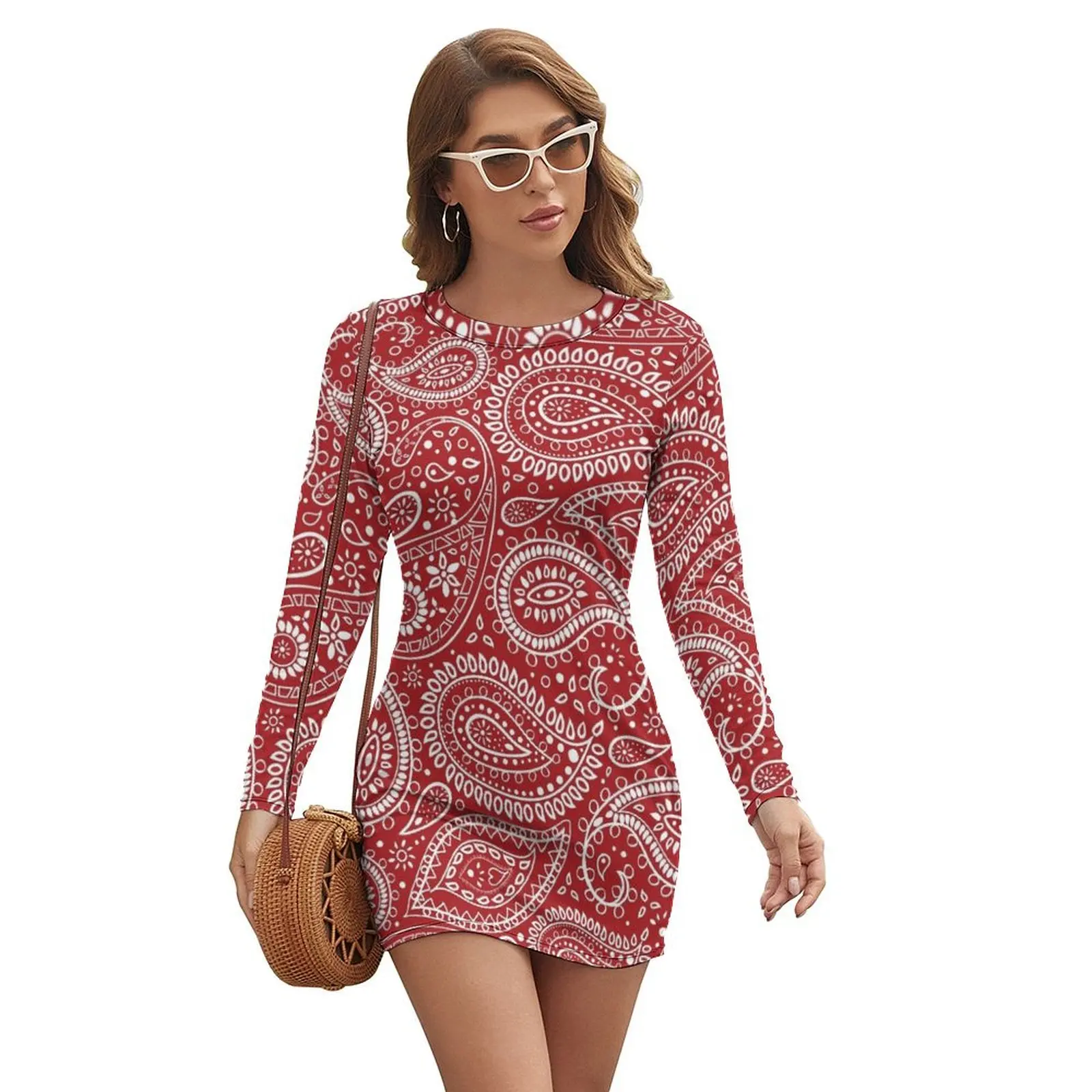 

Pretty Bohemian Art Paisley - Red and White Long-sleeved Dress chic and elegant woman dress Evening gown