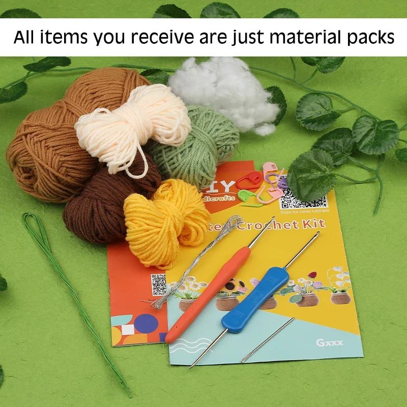 Crochet Flower Kit for Beginners With Instruction Knitting Yarn Thread Hook Needles Easy Knit Accessories Set DIY Craft