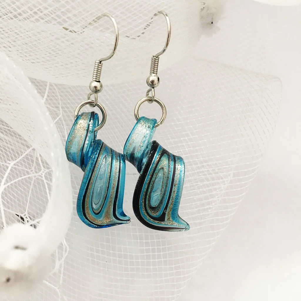 1 Pair Spiral Pattern Chinese Style Blue Murano Lampwork Glass Earring JewelryChinese Style Retro Handmade Personality Pendant