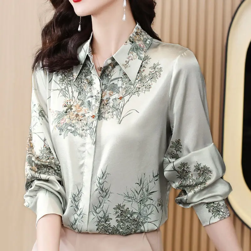 Spring Autumn New Fashion Turn-down Collar Long Sleeve Blouses Women\'s Clothing Ice Silk Korean Printing Temperament Chic Shirts