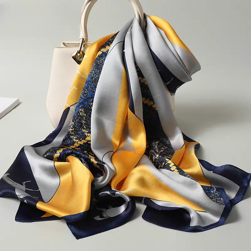 100% Mulberry Silk Long Scarf for Women Oblong Shawls for Headscarf Neck- Oblong Hair Wraps Gift Packed Yellow Animal Print