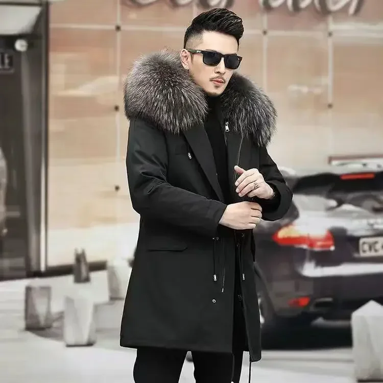 European Trend Winter Men Sable Removable Liner Overcoat Imitation Fox Raccoon Dog Fur Clothing With Hood Long Thick Fur Coat