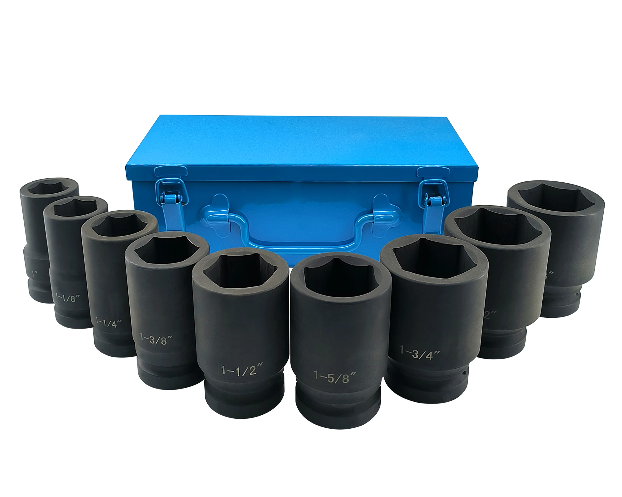 1 Inch Drive Deep Impact Socket Set, 9 Pieces Jumbo Impact Socket Sets, SAE 1" to 2", Chrome Steel, 6-Point Design, Metal Case