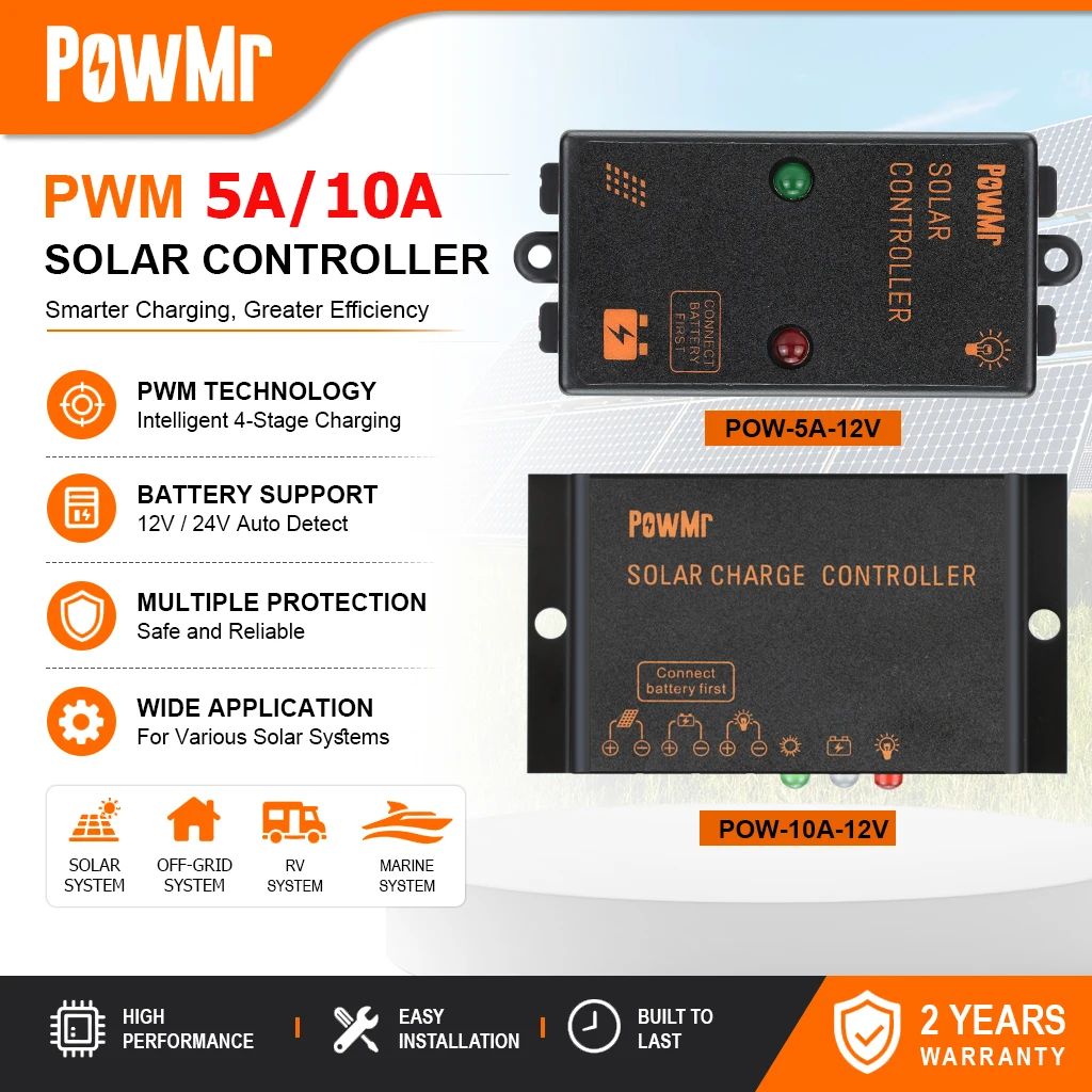 PowMr 5A 6V/12V 10A 12V/24V Solar-Laderegler PWM Auto 4-Stufen-Ladegerät Regler Blei-Säure Lithium LiFePO4 Mehrfachschutz Off-Grid Heim-Wohnmobil-Solarsystem EU-Lokalbestand