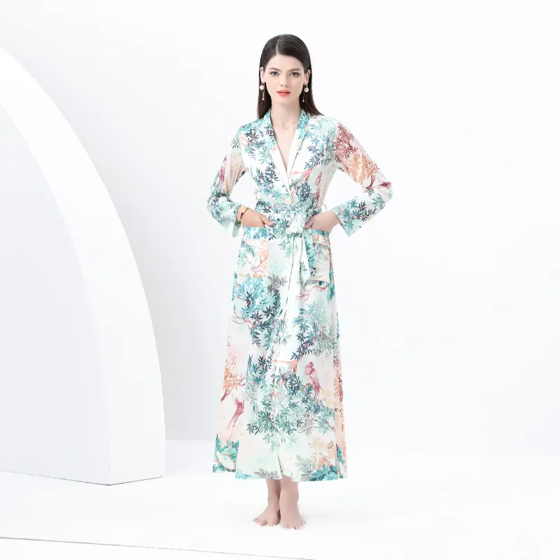 Casual Printed Dr Nightgown Set with Lapel Spwear Ensemble Early Spring Women's Faion Thi Winter Gown with Pleats