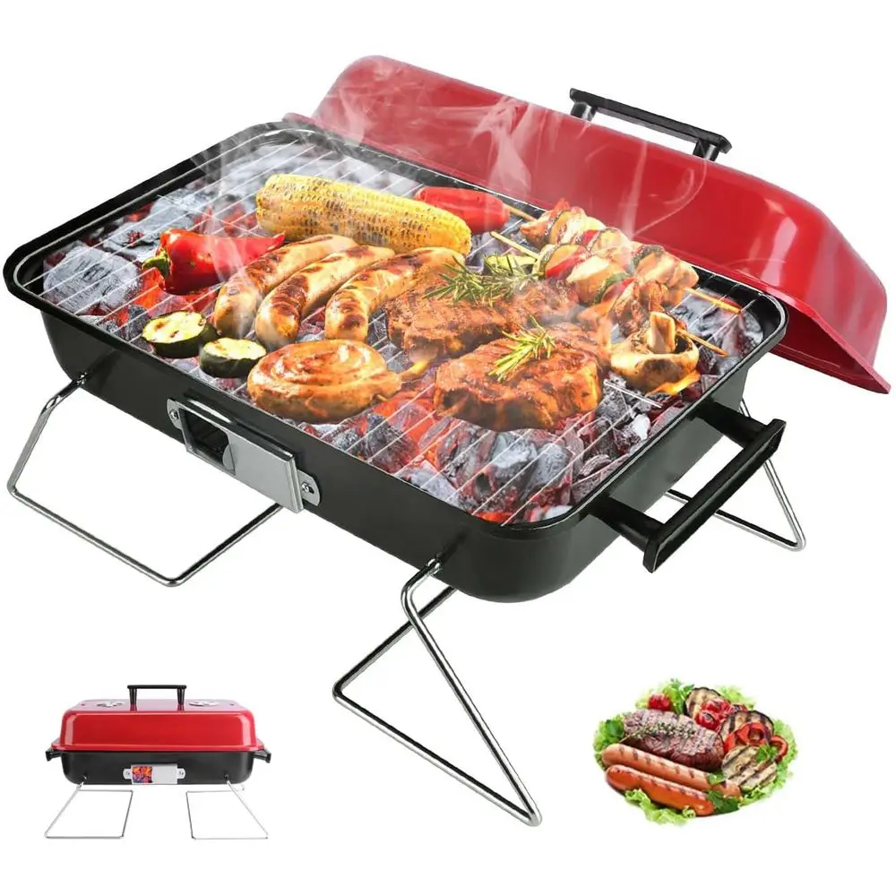 

Портативный угольный гриль для приготовления на открытом воздухе - Небольшой настольный гриль-коптильня с крышкой, складная конструкция для кемпинга, пикников, пляжа