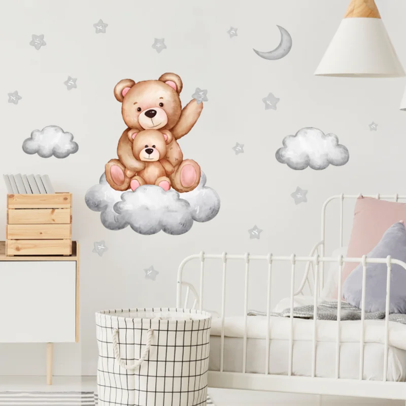 Cartoon Urso Pequeno Estrelas Nuvens Lua Adesivo De Parede Crianças Quarto Fundo Decora Jardim De Infância Sala De Aula Adesivo Antifouling