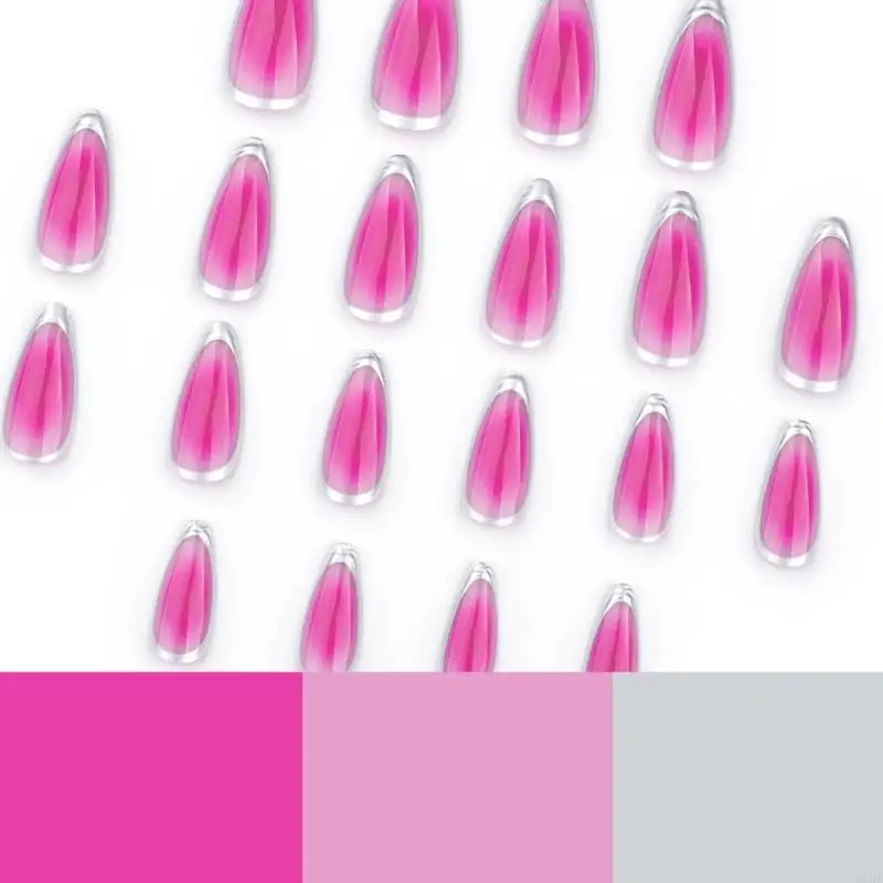 

D5BF Rose Red Silver French Almond False Glossy Full Cover Acrylic Tips For Women Fashion Art