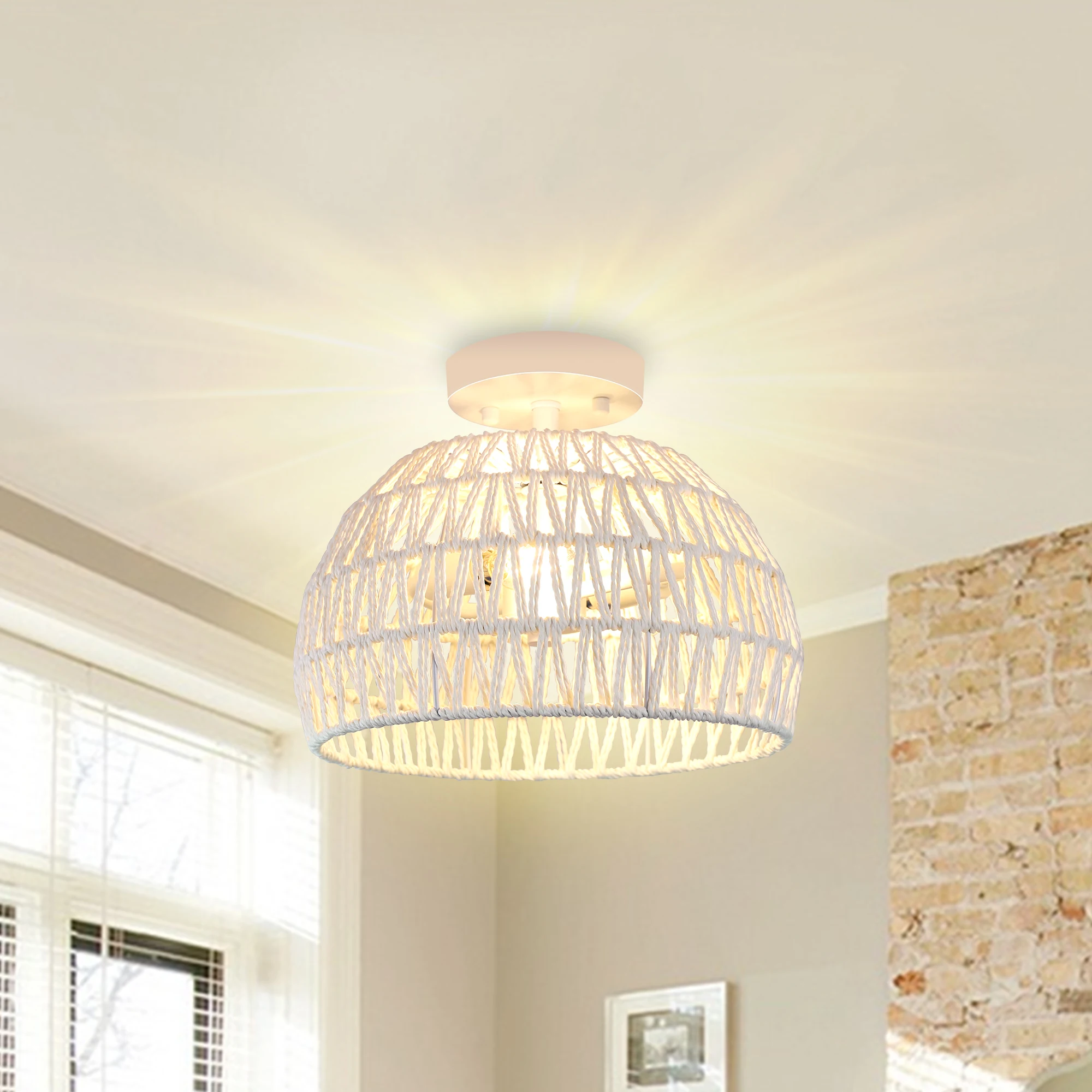 

1 шт. богемный белый 2-светлый потолочный светильник из ротанга 11,2 дюйма круглый E12 40 Вт с регулируемой яркостью гостиная спальня кабинет домашний декор освещение