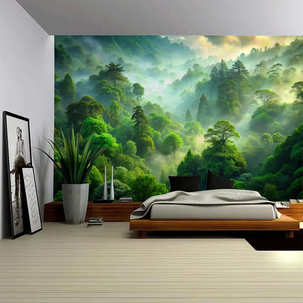 Mist Forest Natural Landscape Tapestry Soft Fabric Wall Hanging Multi Size Aesthetic Home Decor for Living Room Bedroom