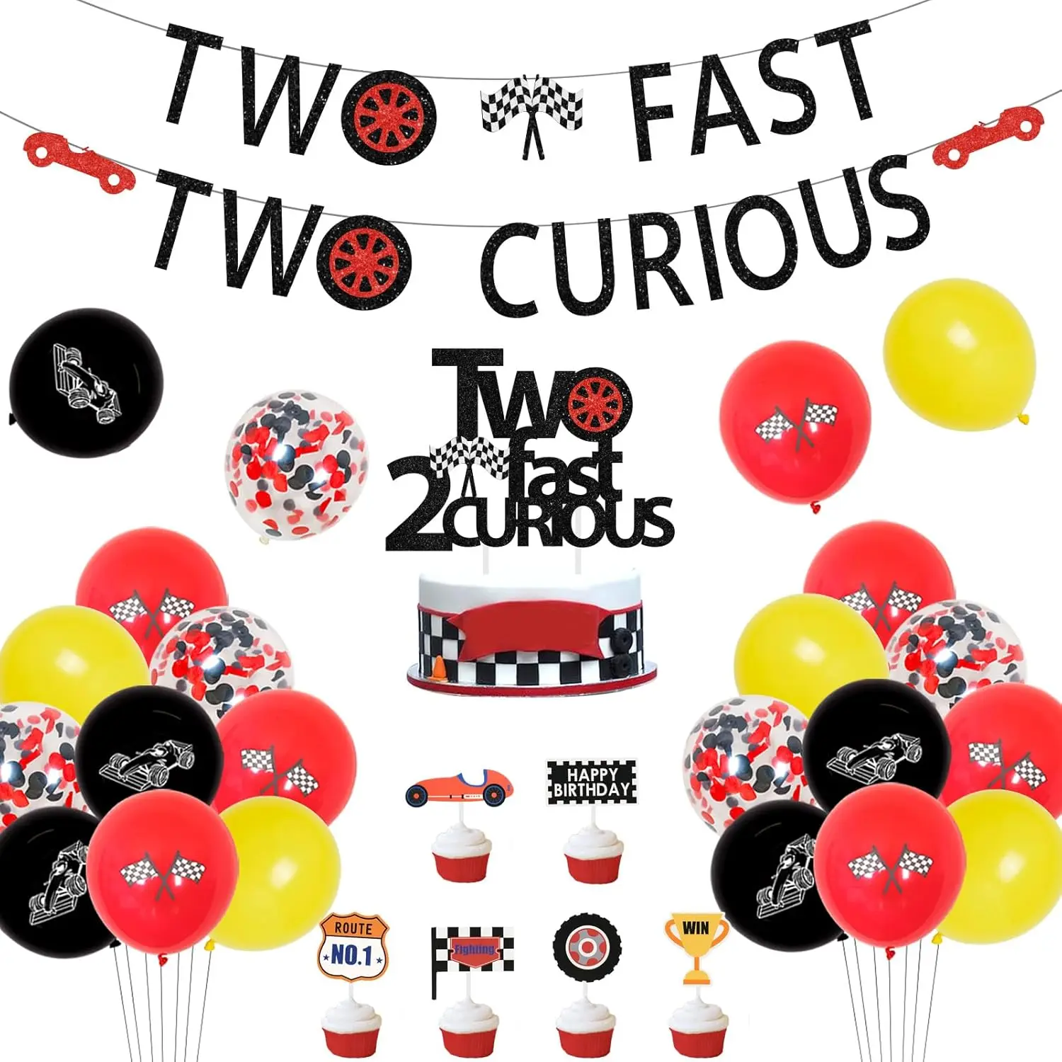 

cheereveal Two Fast Two Curious Birthday Decorations Race Car Banner Wheel Flag Cake Toppers Red Balloons 2nd Birthday Supplies