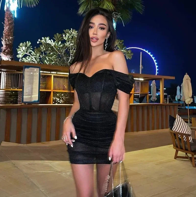 

Bling Glitter Women Short Sleeve Off Shoulder Corset Mini Dress Ruched Bodycon Sexy Party Elegant Festival 2024 Evening