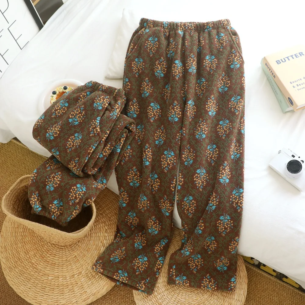 Flannel Winter Thickened Pajama Pants Sleepwear Female Elastic Waist Sleep Bottoms Trousers Soft Comfort Loungewear Home Wear