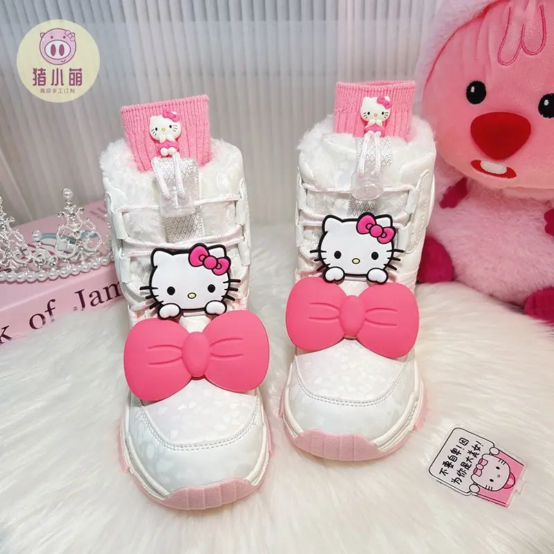 Cute Hello Kitty Kids White Snow Boots Anime Sanrio Kawaii Leather Face Non-Slip Short Boots Warm Waterproof Girl Christmas Boot