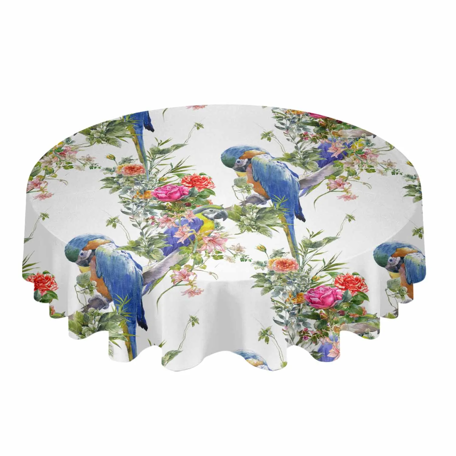 Watercolor Flower Parrot Retro Round Table Cloth Festival Dining Tablecloth Waterproof Table Cover for Wedding Party Decor