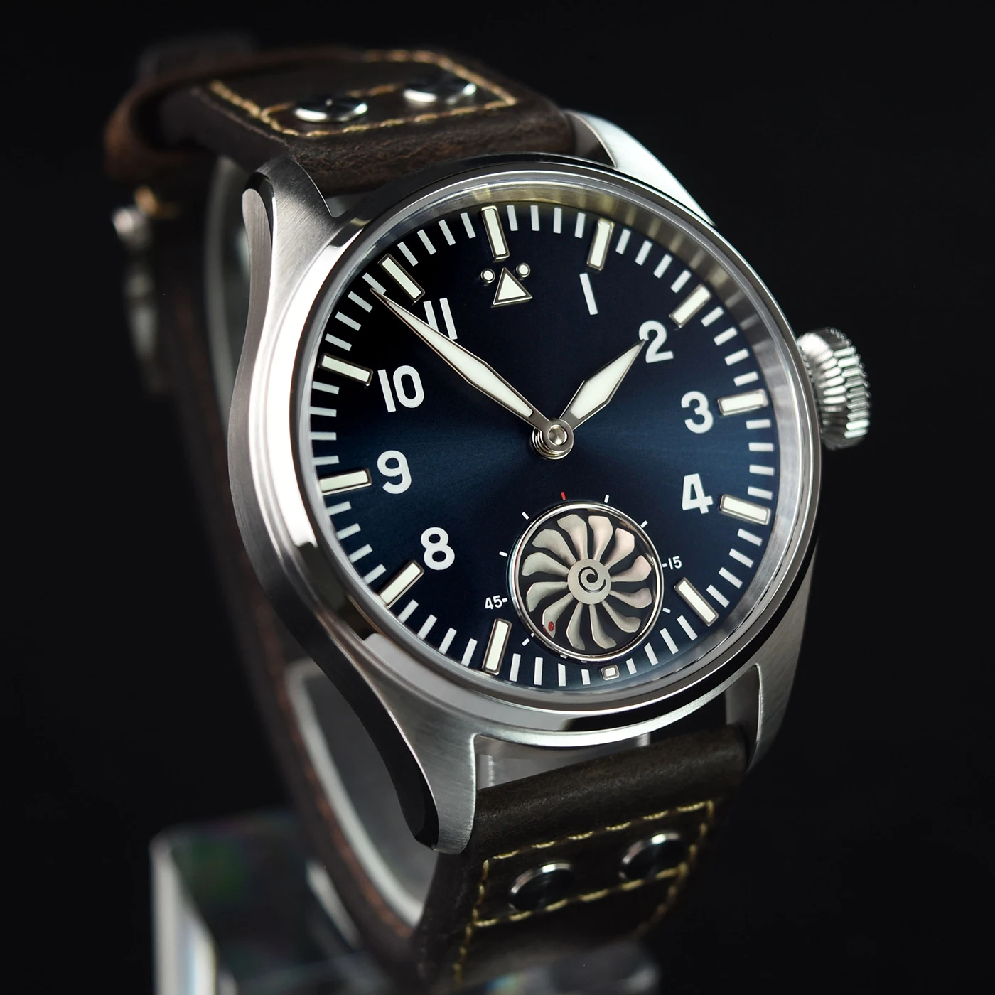 HRUODLAND Maßgefertigte Luxus-Uhr mit Logo, Dynamischem Turbinen-Sekundenzifferblatt, Saphirglas, BGW9 Lume, ST3621 DIY Retro Pilotenuhr für Herren