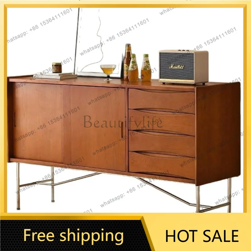 Zj. Nordic solid wood dining side cabinet, retro stainless steel medieval furniture, Japanese-style wall side cabinet