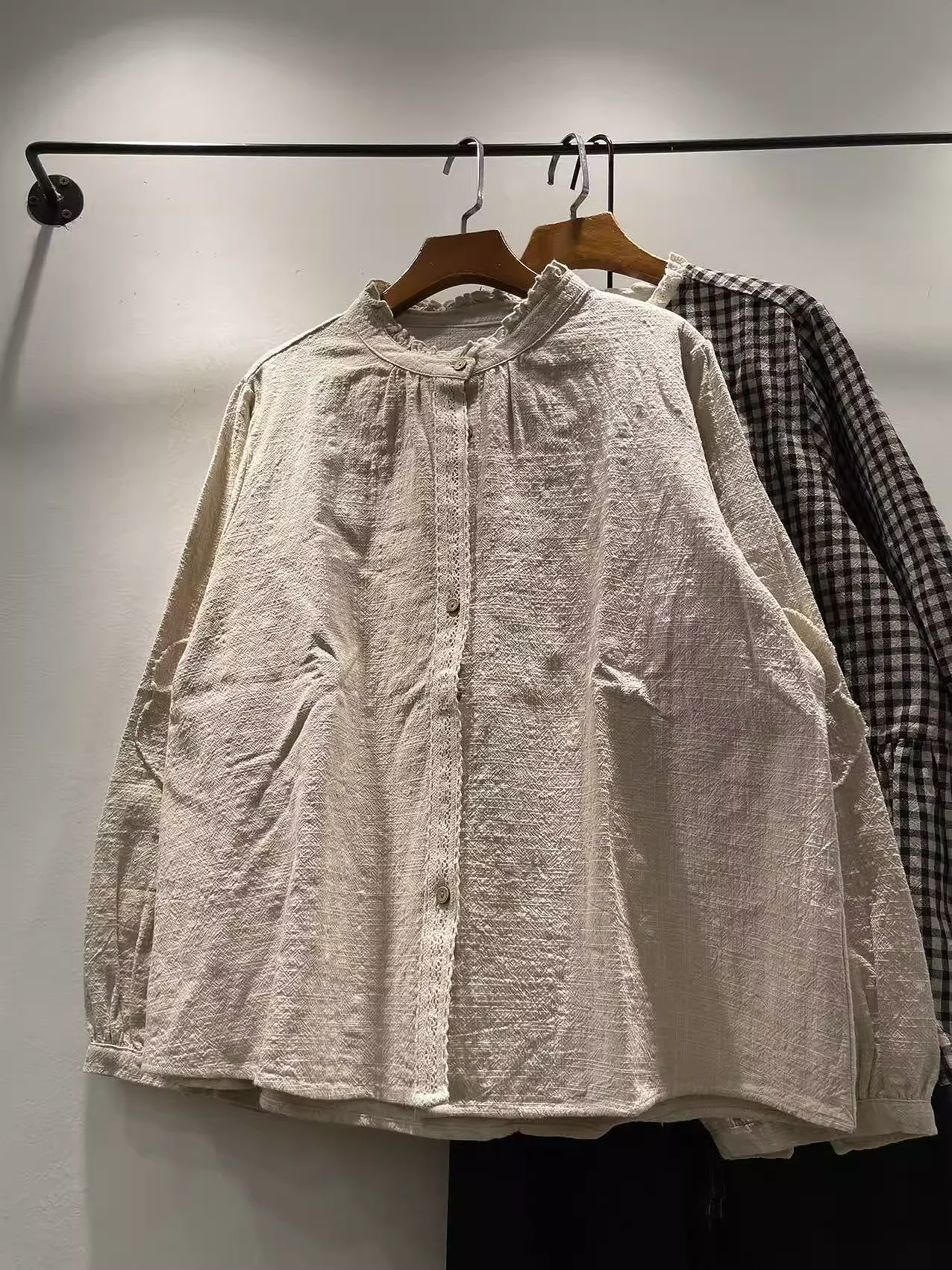 

Бюст 118 см Mori Girl, однотонные рубашки и блузки с воротником-стойкой в японском стиле, топы с длинными рукавами из 100% хлопка, одежда Mori Kei