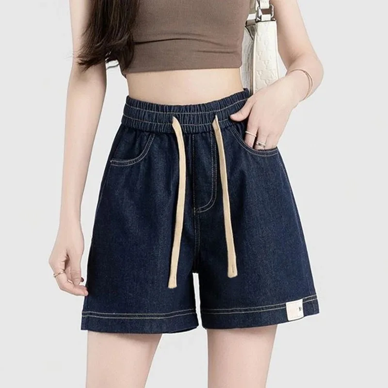 Women Elastic High Waist Loose Wide Leg Denim Shorts Plus Size Summer Casual Five Point Jeans Shorts