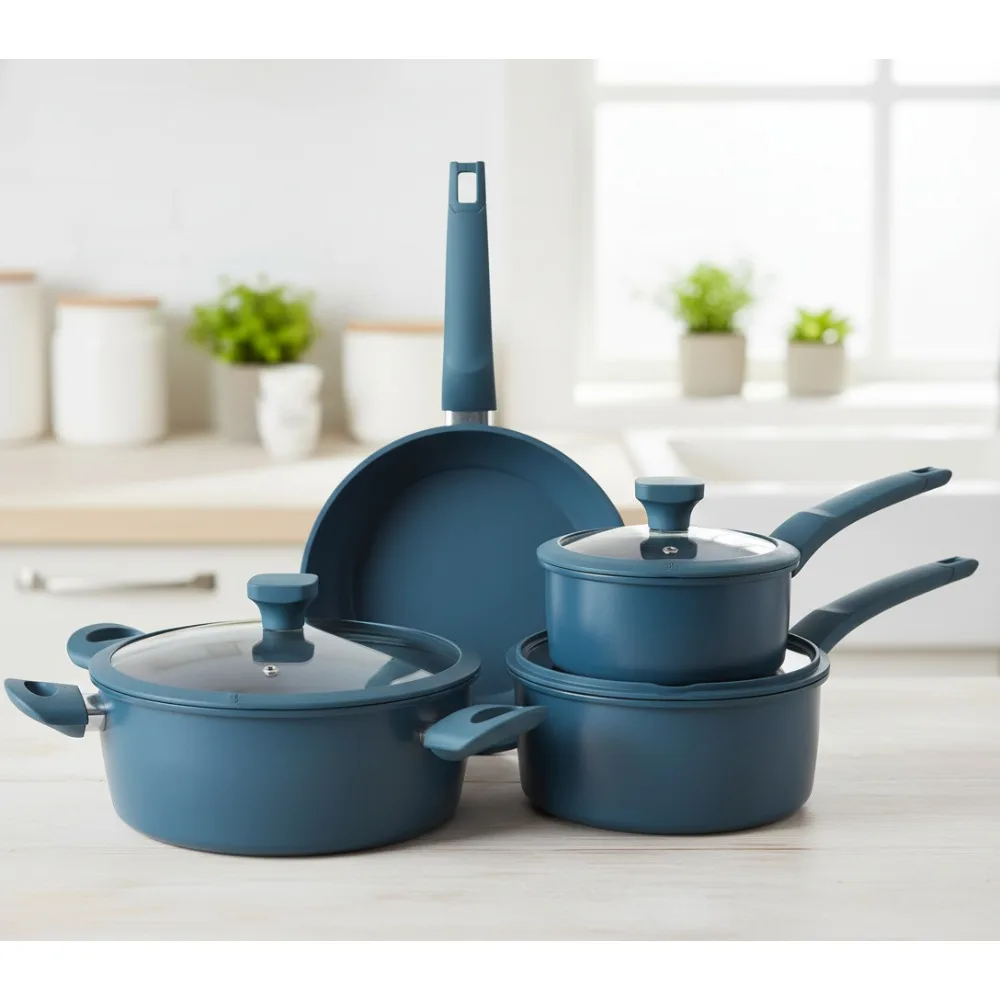 

7-Piece PFA-Free Ceramic Nonstick Carbon Steel Cookware Set - Blue Pots & Pans with Glass Lids, Induction-Friendly