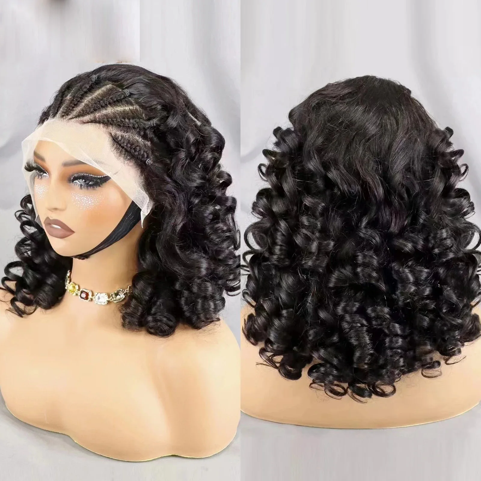 Indian Short Bob Wig Bouncy Curly Triangle Knotless Box Braided Wigs For Women Half Braided Wig 13X4 Lace Front Human Hair Wigs