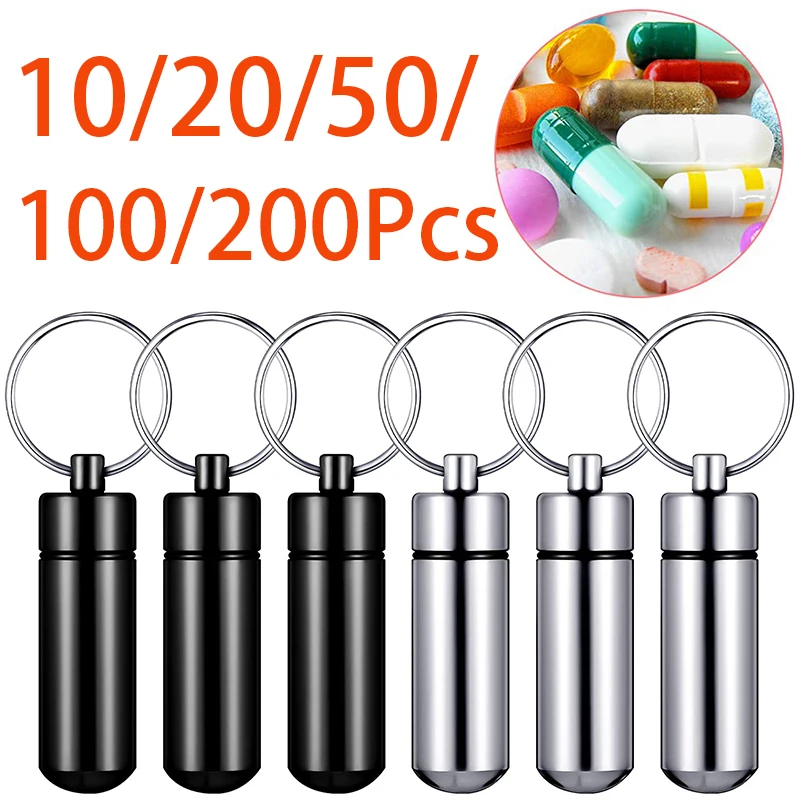 

10-200Pcs Aluminum Pill Bottle Waterproof Pill Medicine Box Case Portable Mini Size Vitamin Holder Key Ring Pill Container