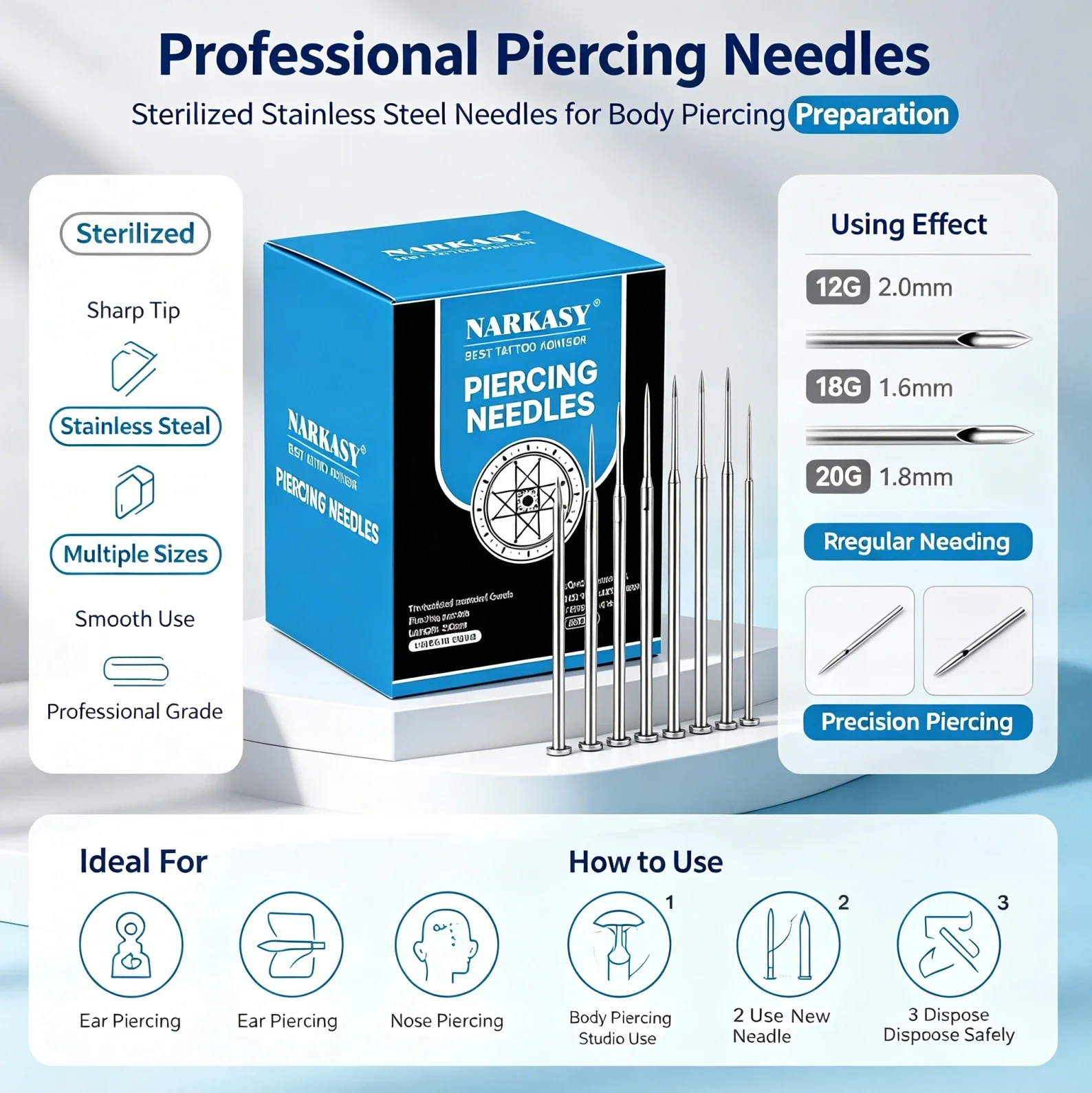 200/100/50/20PCS Narkasy Piercing Kit Sterilized Body Piercing Needle for Septum Belly Navel Nose Eyebrow Lip Nipple Ear Sizes