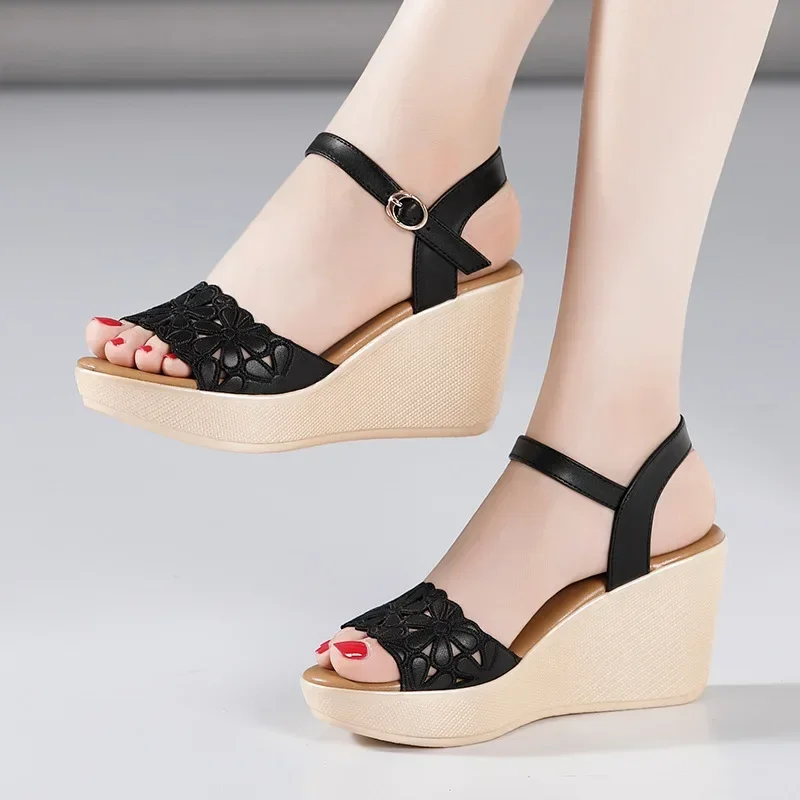 8cm Small Size 32-43 Summer Comfortable Platform Wedges Sandals 2024 Floral Cutout High Heels Shoes for Office Mom Beach