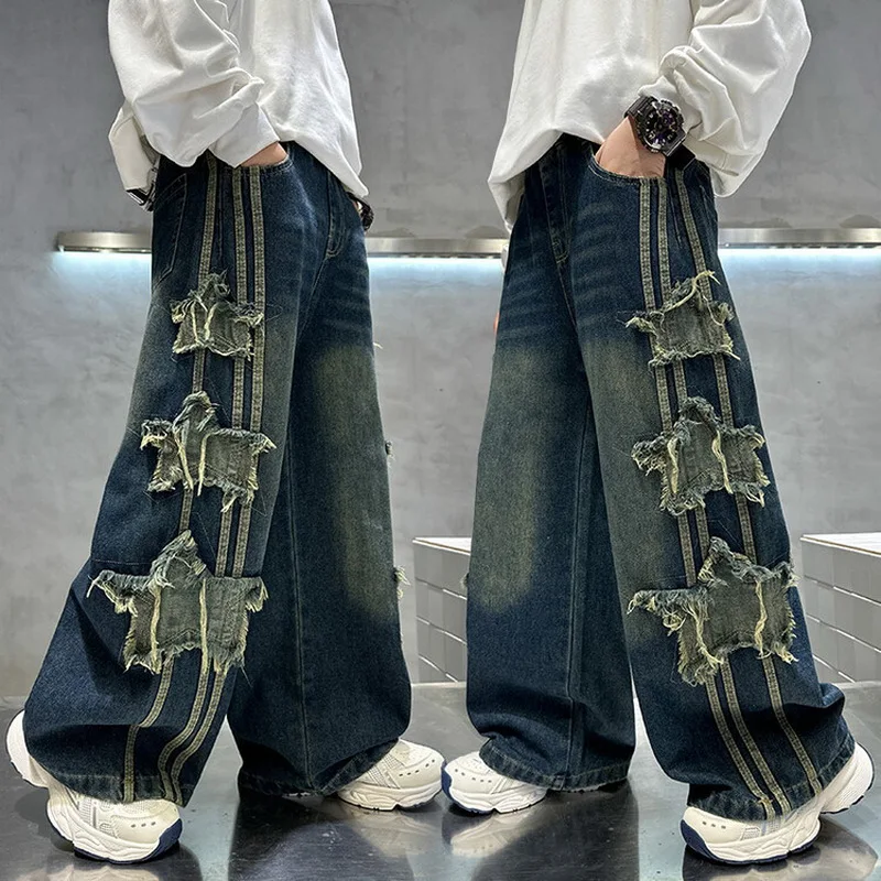 Teenager Boys Denim Wide Leg Pants Child Trousers Spring Autumn Five-Pointed star Splicing Raw Edge Jeans 5-14 Yrs Kids Trousers