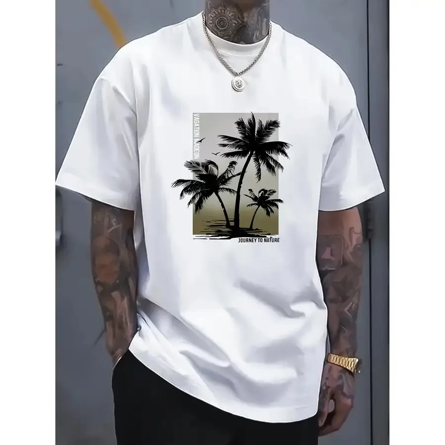 

【New Arrival】Minimalist Palm Tree Vacation T-Shirt, White "Journey To Fortune" Graphic Tee, Tropical Casual Top