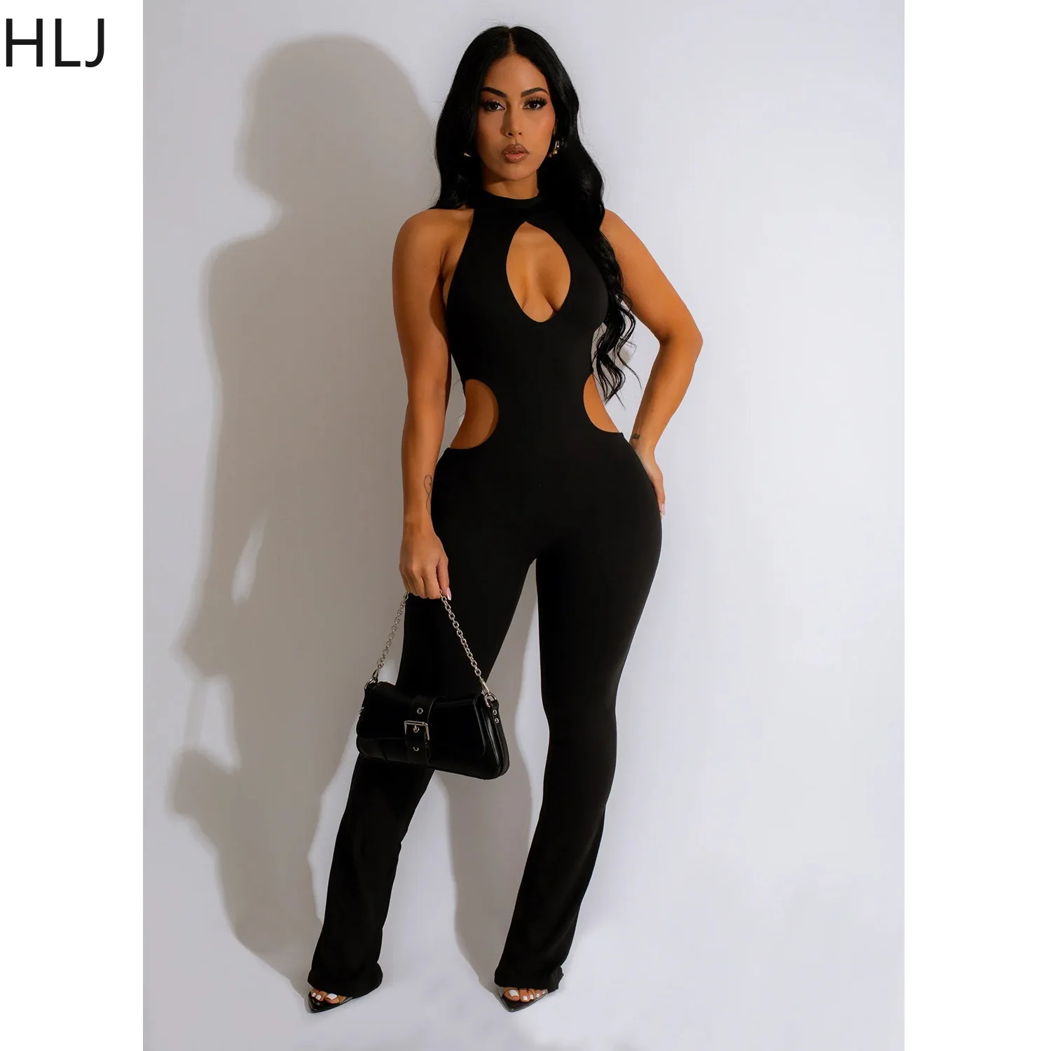 HLJ-monos ajustados con cuello Halter ahuecado para mujer, traje liso sin mangas, de una pieza, Sexy, para fiesta y Club