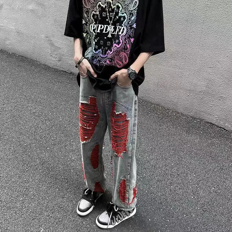 Grunge High Street Harajuku Baggy Jeans Emo Bottom Gothic Hollow Out Ripped Straight Leg Pants Dark Punk Oversize Denim Trousers