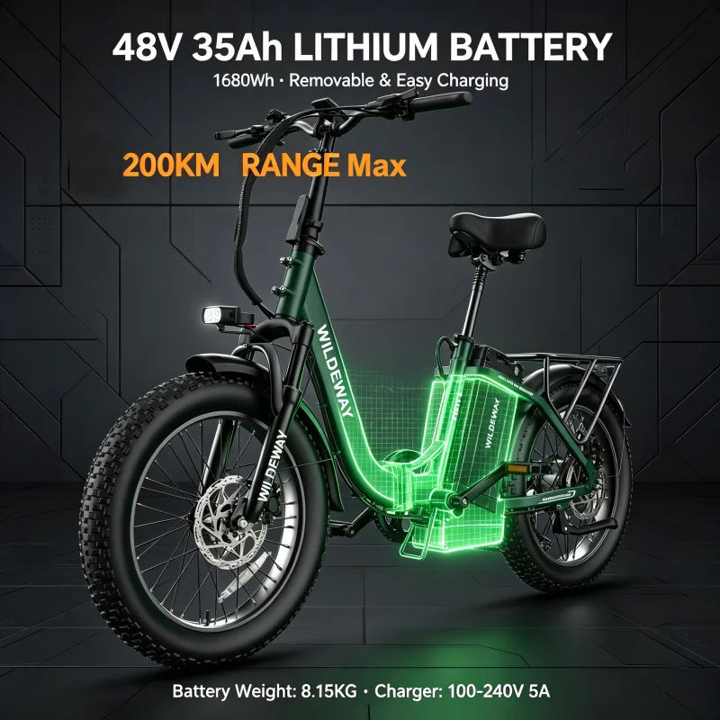WILDEWAY-FW11-S, 48V35Ah, Autonomia Massima 200km, Pneumatici Fat All-Terrain 20*3.0, Doppi Freni a Disco Idraulici, Batteria Rimovibile, E-Bike da Montagna per Fuoristrada o Pendolarismo Urbano