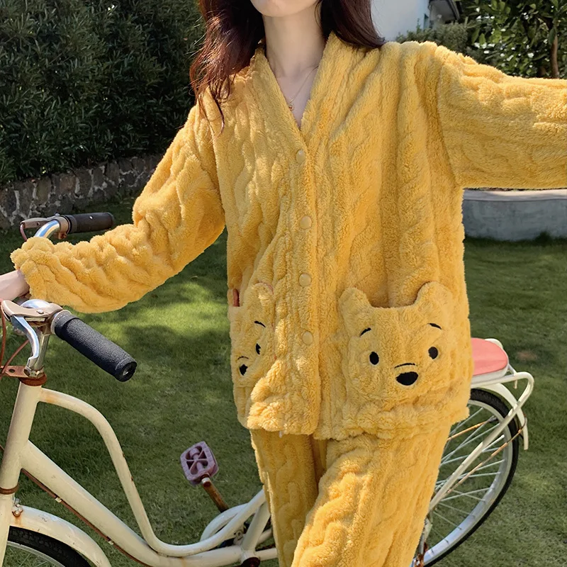 Disney Pooh Bear Pyjama Set Meisjes Winter Dikke Cartoon Winnie Pooh Nachtkleding Huiskleding Fleece Comfortabele nachtkleding