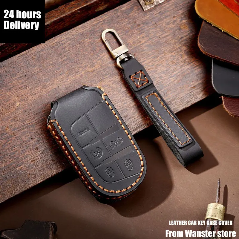 Leather Car Key Case Cover for Dodge Journey Charger Challenger for Jeep Grand Cherokee Compass for Fiat Dealer Chrysler 300C