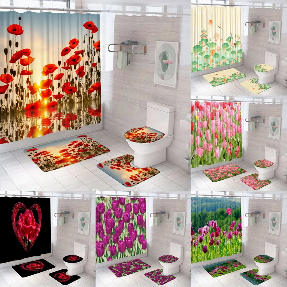 

Poppy Flower Shower Curtain Sets Non-Slip Rug Toilet Lid Cover Bath Mat Lotus Tulip Rose Floral Sunset Scenery Bathroom Curtains