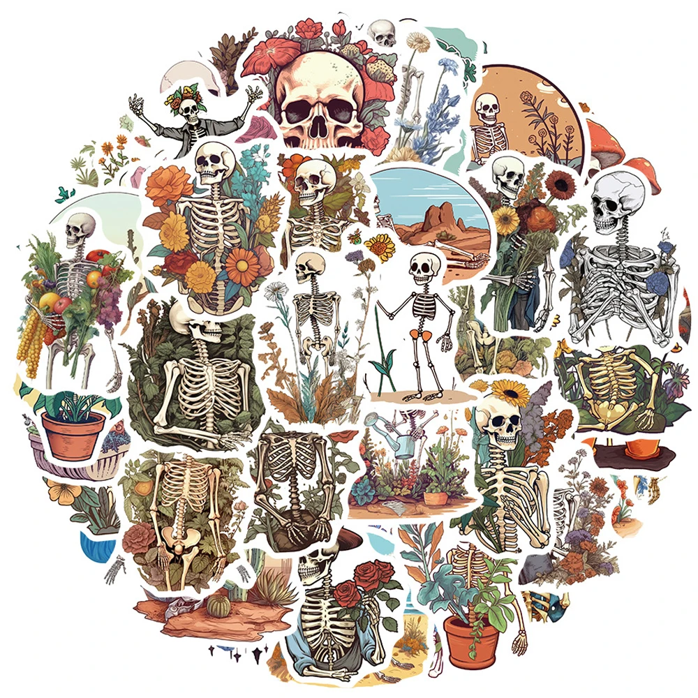 10/30/50pcs Creative Skull Bones and Botany Stickers Skeleton Art Cartoon Sticker for Skateboard Suitcase Bike Phone Decals Pack
