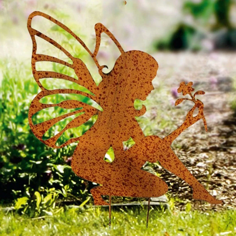 Retro Garden Plugin Rust Retro Flower Fairy Fairy Angel Flower Girl Fairy Steel Profile With Rusty Patina