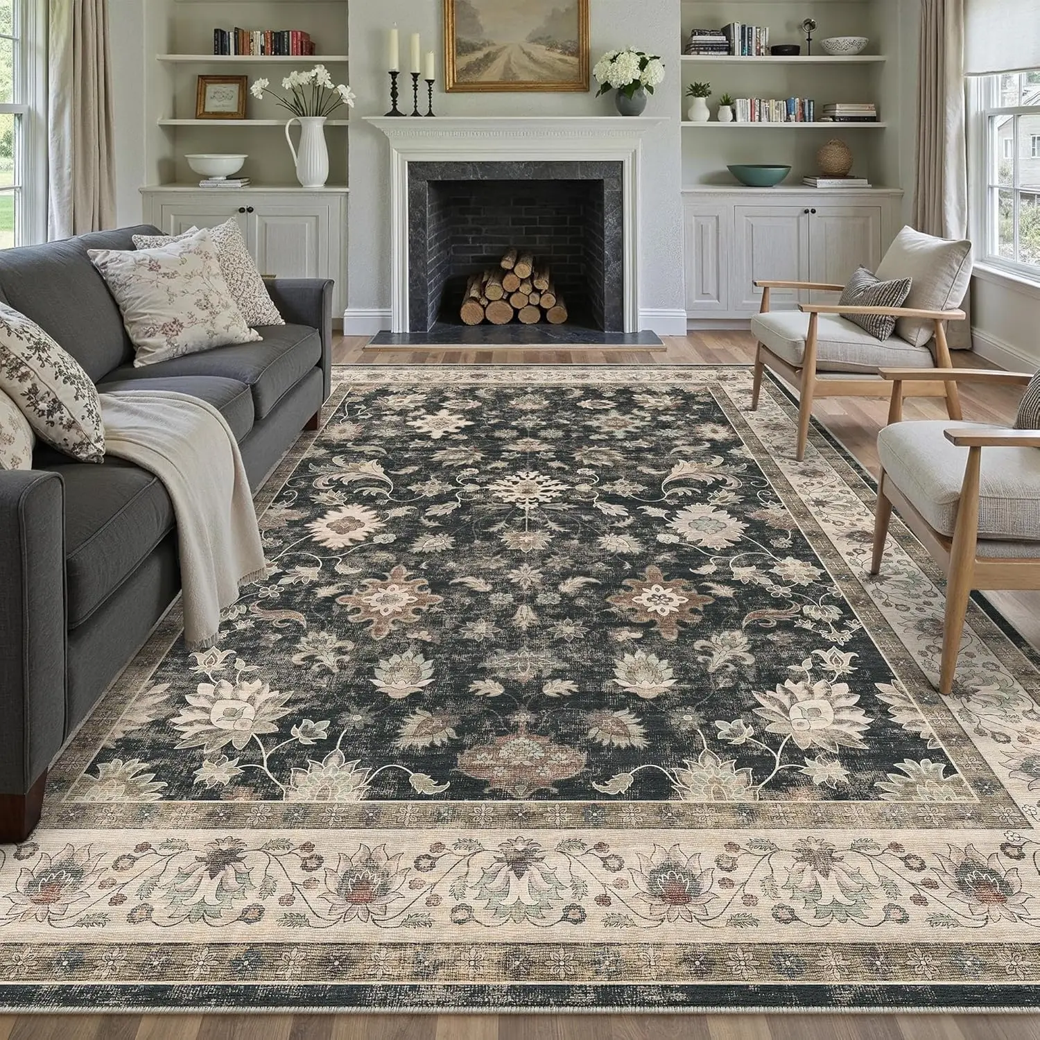 Large 10x12 Distressed Retro Floral Area Rug Washable Non‑slip Vacuumable Carpet Fit for Playroom Dining Room Black Home Decor